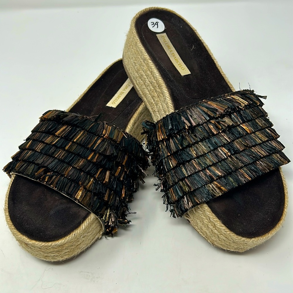 Paloma Barcelo Brown Raffia Espadrille Slip On Slide Platform Sandals EU Size 39